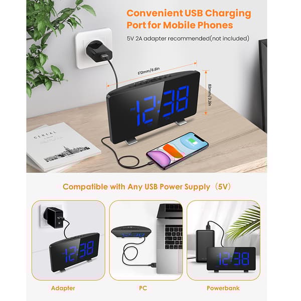 ELEGIANTdigitaltvækkeurmed8"stortLED-tidsdisplay,justerbaralarmlydstyrke,4niveauerslysstyrke,alarmindstillinger,USB-oplader,snooze,ure
