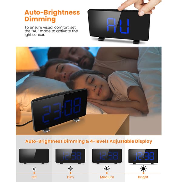 ELEGIANTdigitaltvækkeurmed8"stortLED-tidsdisplay,justerbaralarmlydstyrke,4niveauerslysstyrke,alarmindstillinger,USB-oplader,snooze,ure