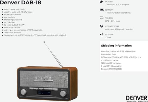 Denver DAB-18 - Retro DAB+ radio med Bluetooth - Træ