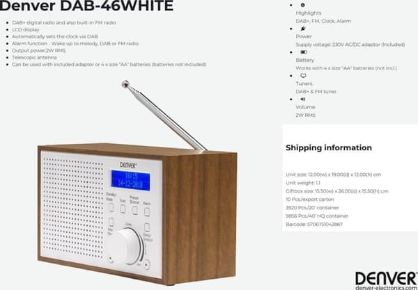 Denver DAB-46 / Retro FM-radio / DAB + / LCD-skärm / Larmfunktion / Vit