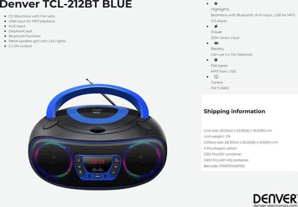 Denver TCL-212BT / Bærbar Boombox / FM-radio / CD-afspiller / AUX-forbindelse / Blå