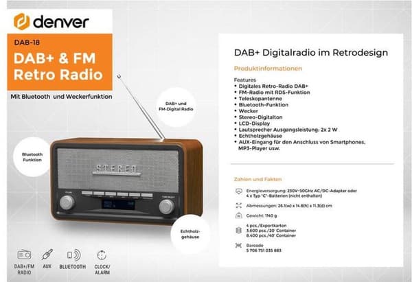 Denver DAB-18 - Retro DAB+ Radio med Bluetooth - Grå