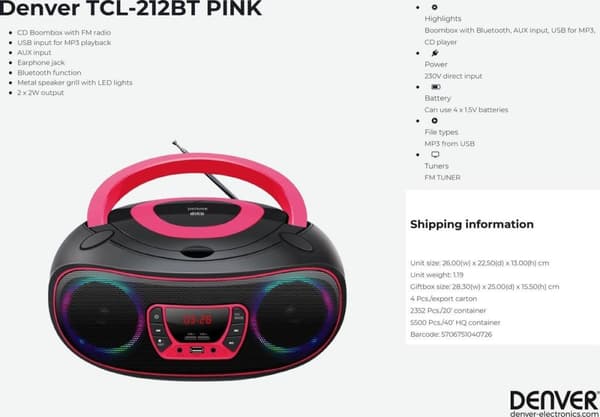 Denver TCL-212BT / Bærbar Boombox / FM-radio / CD-afspiller / AUX-forbindelse / Pink