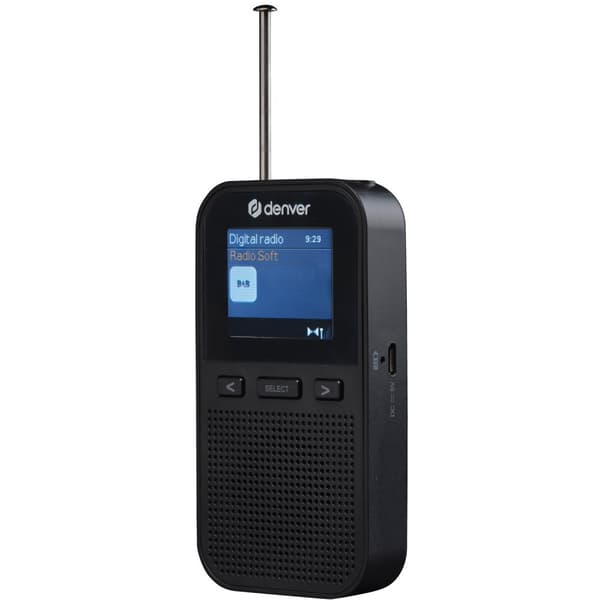 Kädessä pidettävä DAB+/FM-radio sisäänrakennetulla kaiuttimella