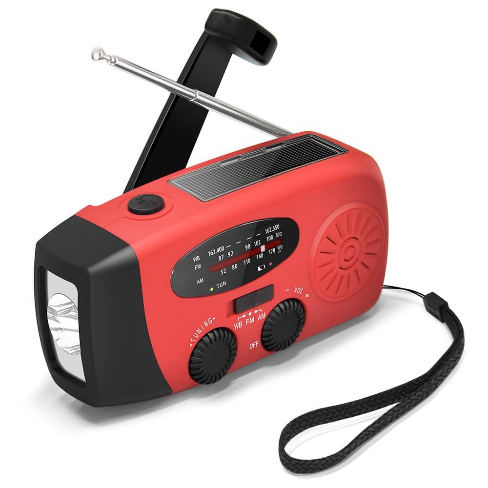 Vevradio med Solceller, Ficklampa och 2000mAh Powerbank röd SOS