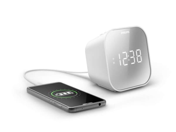 Philips vækkeur med radio, radio med spejldisplay, digital radio med dobbeltalarm, sleep-timer og snooze-funktion, bærbar med batteribackup, radio med