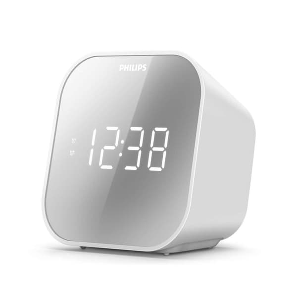 Philips vækkeur med radio, radio med spejldisplay, digital radio med dobbeltalarm, sleep-timer og snooze-funktion, bærbar med batteribackup, radio med