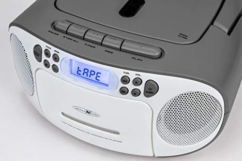 Heijastava CD-soitin kasetilla ja radiolla verkko- ja akkukäyttöön (PLL FM radio, LCD-näyttö, AUX-tulo, kuulokeliitäntä), valkoinen/harmaa, RCR2260