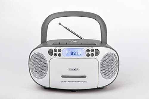 Heijastava CD-soitin kasetilla ja radiolla verkko- ja akkukäyttöön (PLL FM radio, LCD-näyttö, AUX-tulo, kuulokeliitäntä), valkoinen/harmaa, RCR2260