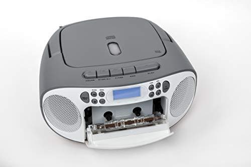 Heijastava CD-soitin kasetilla ja radiolla verkko- ja akkukäyttöön (PLL FM radio, LCD-näyttö, AUX-tulo, kuulokeliitäntä), valkoinen/harmaa, RCR2260