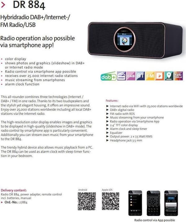 Albrecht DR 884 hybridiradio Internet/DAB+/FM Stereo värinäytöllä ja kaukosäätimellä
