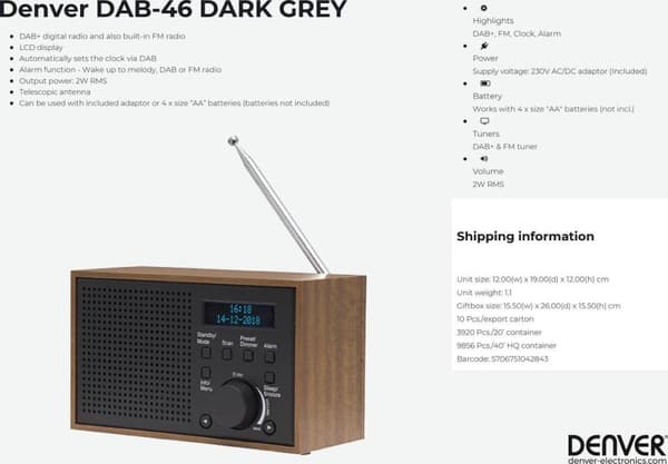 Denver DAB-46 / Retro FM-radio / DAB + / LCD-skärm / Larmfunktion / Mörkgrå