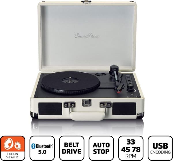 Classic Phono TT-115CR - Retro skivspelare med Bluetooth och 2 inbyggda högtalare - Kräm