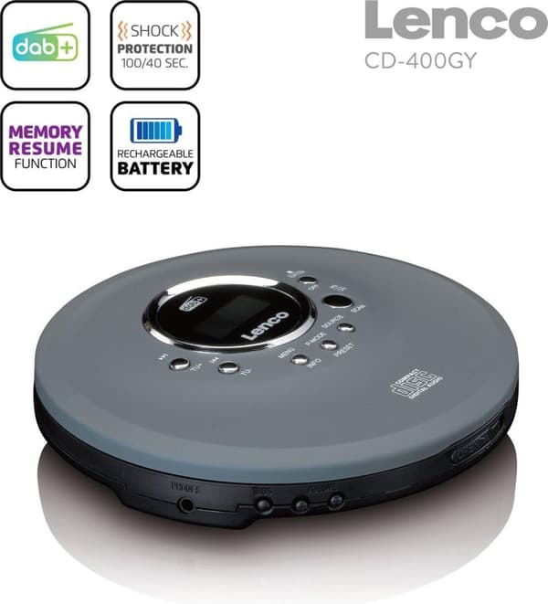 Lenco CD-400GY Discman - Kannettava CD-MP3-soitin DAB+:lla ja FM-radiolla - Iskunkestävä ja ladattava - Antrasiitti