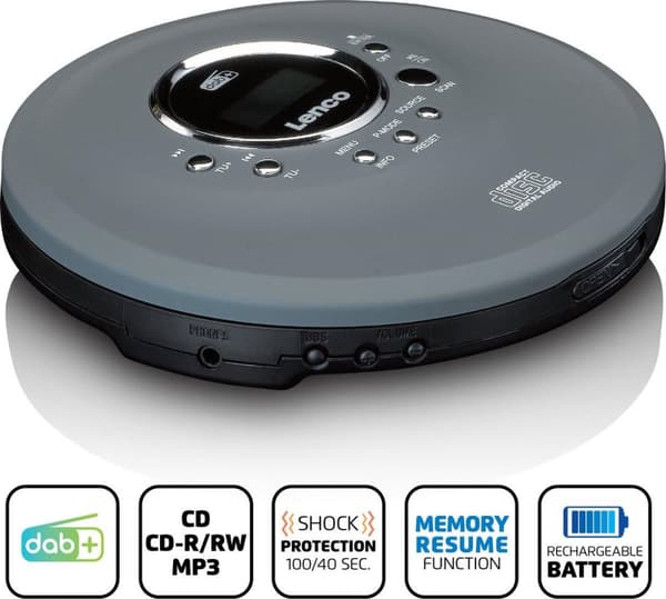 Lenco CD-400GY Discman - Kannettava CD-MP3-soitin DAB+:lla ja FM-radiolla - Iskunkestävä ja ladattava - Antrasiitti