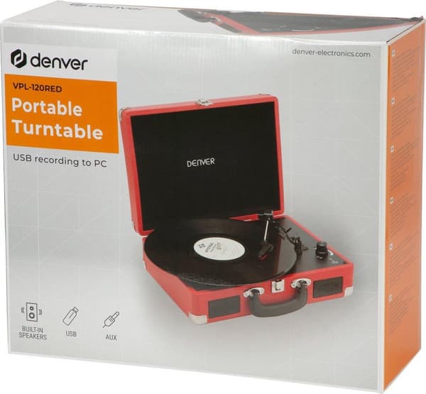 Denver Retro Pladespiller - Indbyggede højttalere - Digitalisering - Auto-stop funktion - Phono - VPL120 - Rød
