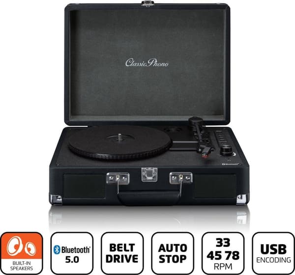 Classic Phono TT-115BK - Retro skivspelare med Bluetooth och 2 inbyggda högtalare - Svart