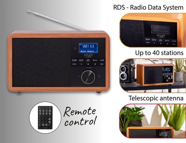 Adler AD 1184 Retro DAB+, RDS og FM radio fjernbetjening Bluetooth LCD display