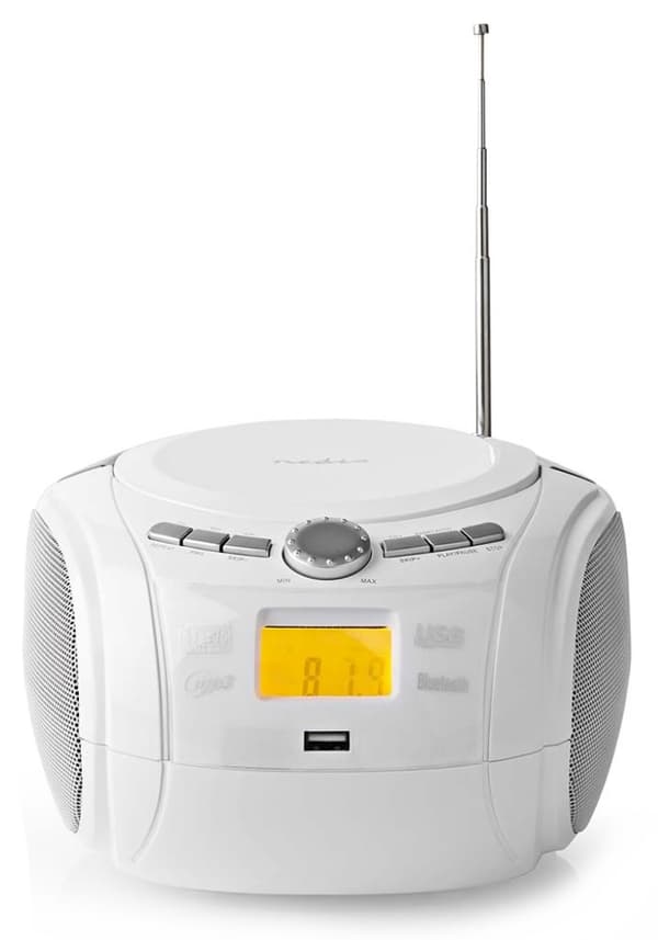 NEDIS CD přehrávač Boombox/ výkon 9 W/ napájení z baterie/ síťové napájení/ stereo/ BT/ FM/ USB/ bílý