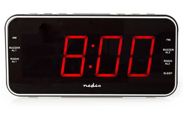 NEDIS digitální budík s rádiem/ LED displej/ 3,5 mm jack/ AM/ FM/ odložené buzení/ časovač vypnutí/ 2 alarmy/ černý