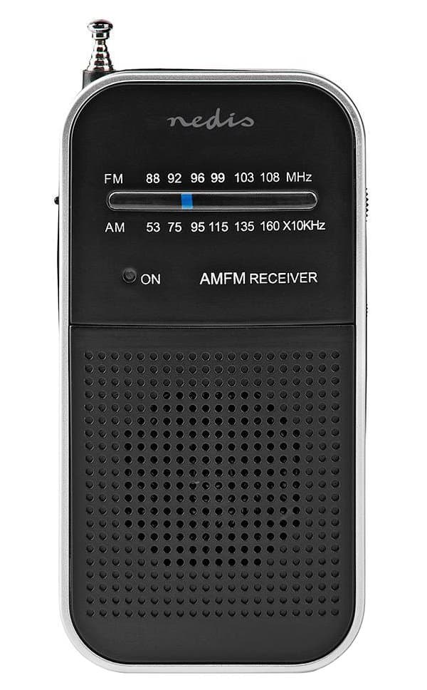 NEDIS přenosné rádio/ AM/ FM/ napájení z baterie/ analogové/ 1.5 W/ výstup pro sluchátka/ hliník/ černé