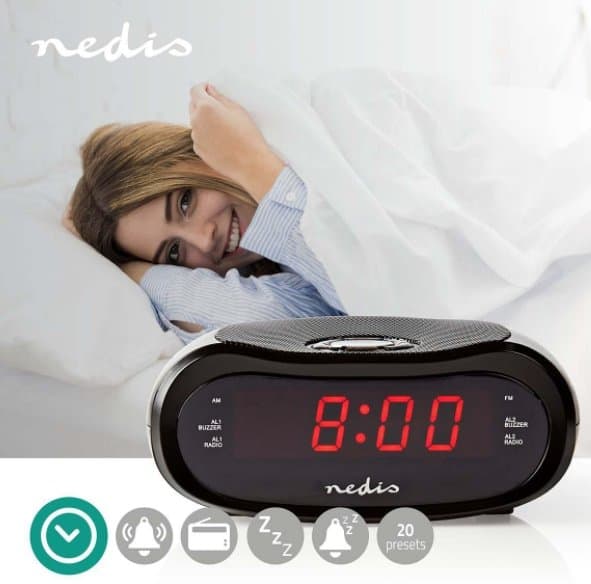 NEDIS digitální budík s rádiem/ LED displej/ AM/ FM/ funkce odloženého buzení/ časovač vypnutí/ 2 alarmy/ černý