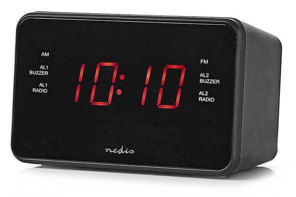 NEDIS digitální budík s rádiem/ LED displej/ 3,5 mm jack/ AM/ FM/ odložené buzení/ časovač vypnutí/ 2 alarmy/ černý