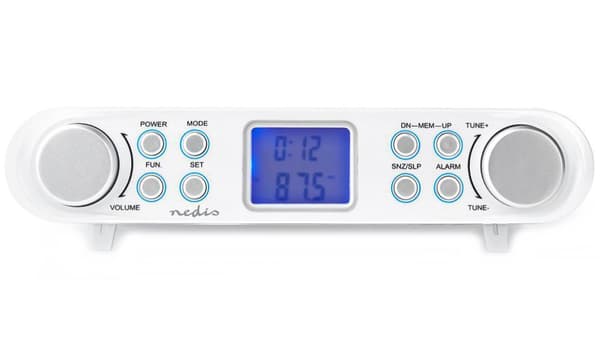 NEDIS kuchyňské rádio/ FM/ síťové napájení/ digitální/ 1,5 W/ budík/ výstup pro sluchátka/ bílo-stříbrné