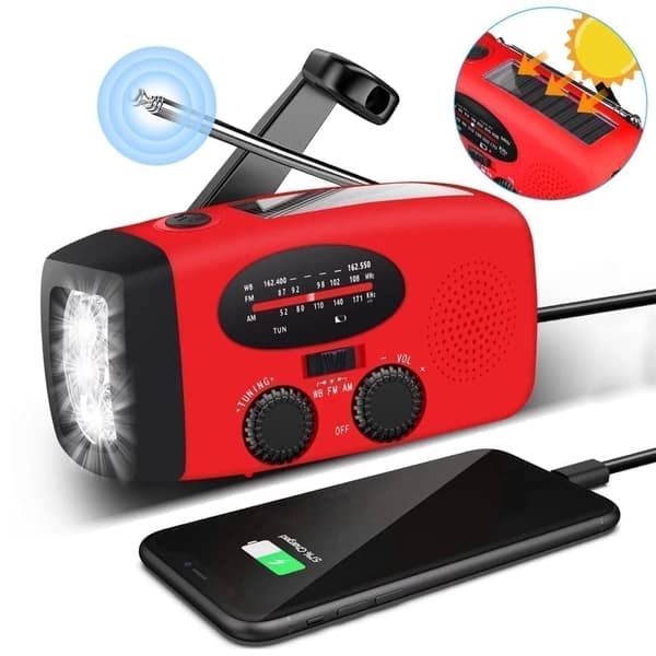Vevradio med Solceller, LED Ficklampa och 2000mAh Powerbank SOS Vevradio med Solceller, LED Ficklampa och 2000mAh Powerbank SOS