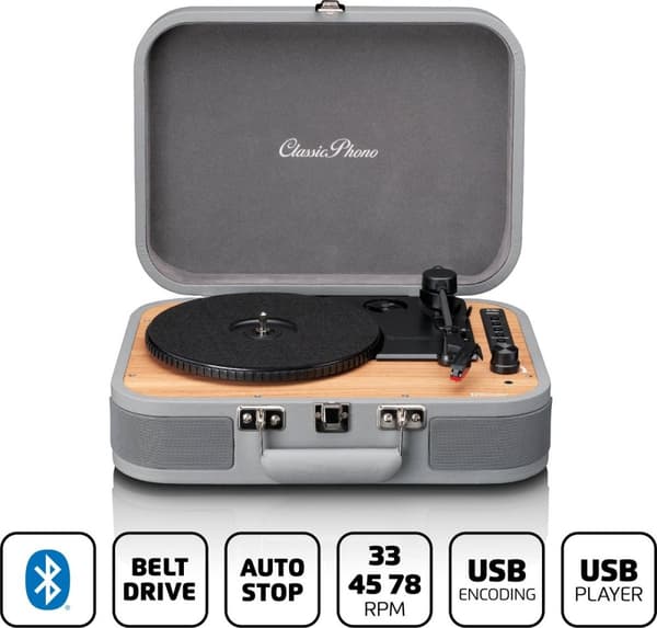 Classic Phono Retro skivspelare - Vinylfodral med Bluetooth - Autostopp - TT-116GY - Grå