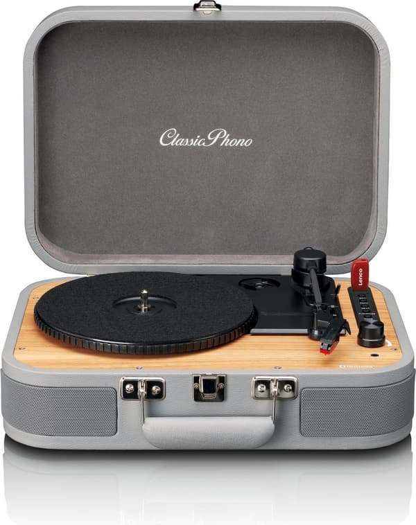 Classic Phono Retro skivspelare - Vinylfodral med Bluetooth - Autostopp - TT-116GY - Grå