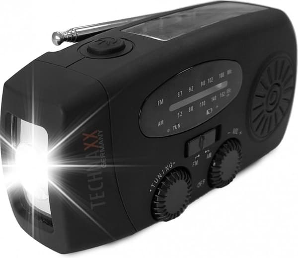 Technaxx TX-238 Emergency Radio AM, FM Emergency Radio Håndsving, Solpanel, Lommelygte, Genopladelig Sort