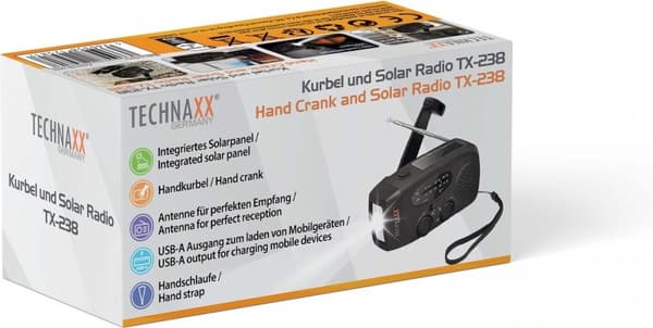 Technaxx TX-238 Emergency Radio AM, FM Emergency Radio Håndsving, Solpanel, Lommelygte, Genopladelig Sort