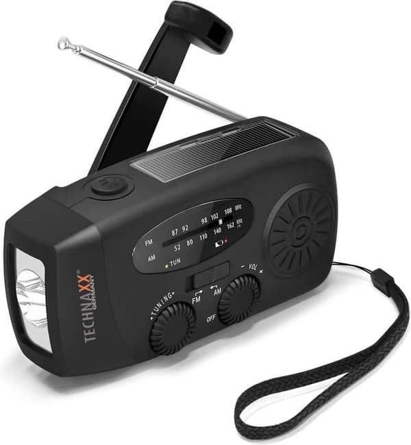 Technaxx TX-238 Emergency Radio AM, FM Emergency Radio Håndsving, Solpanel, Lommelygte, Genopladelig Sort