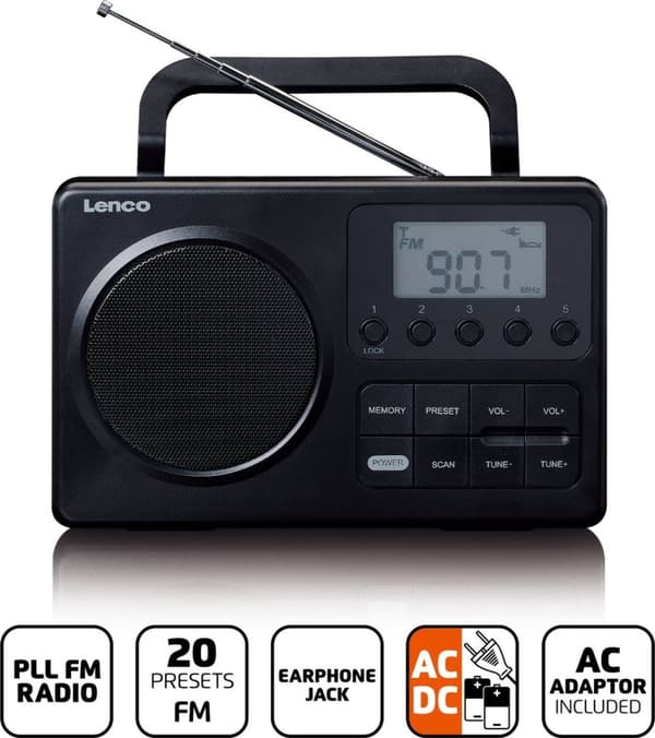 LENCO MPR-035BK - Kompakt bærbar FM-radio med LCD-skærm - Sort