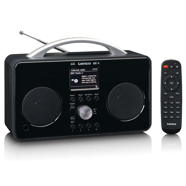 Lenco Internet DAB+/FM -radio, jossa on Bluetooth-kaukosäädin ja ladattava akku