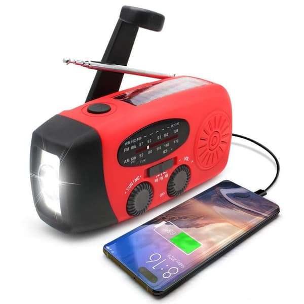 Kampiradio aurinkokennoilla, taskulampulla ja 2000mAh Powerbank SOS