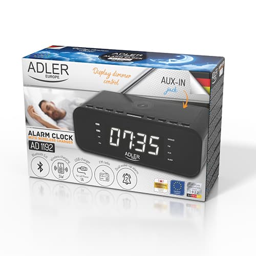 AD 1192 sort Radiovækkeur med trådløs oplader og FM