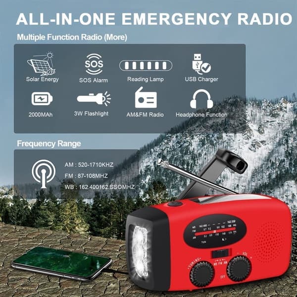 Vevradio med Solceller & Powerbank 2000mAh - Nödradio & Camping Ficklampa