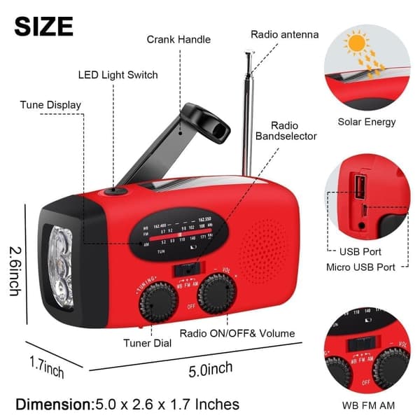 Vevradio med Solceller & Powerbank 2000mAh - Nödradio & Camping Ficklampa