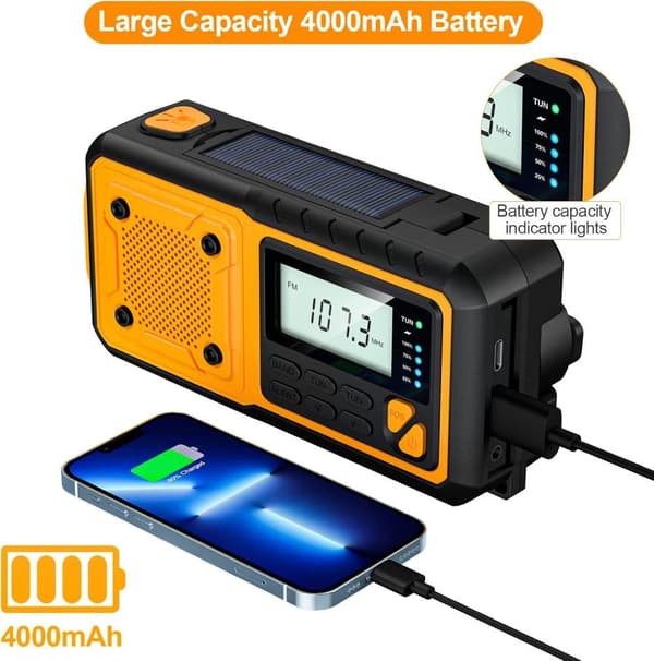 Nödradio med 4000mAh Powerbank - Solpanel & Handvev