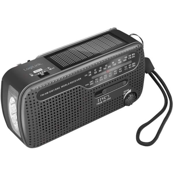 Vevradio med ficklampa och solcell Svart