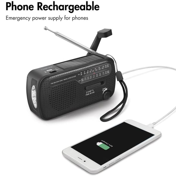 Vevradio med ficklampa och solcell Svart