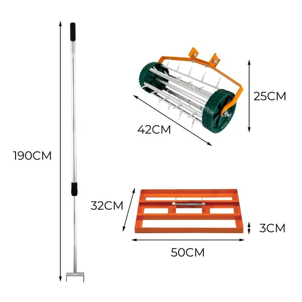 Lawn Leveller & Aerator Manual Grass Roller 3.8cm Spikes 50cm or 100cm x 32cm Levelling Rake Lute Removable Dual Purpose Extendable Handle 1.15 - 1.9m