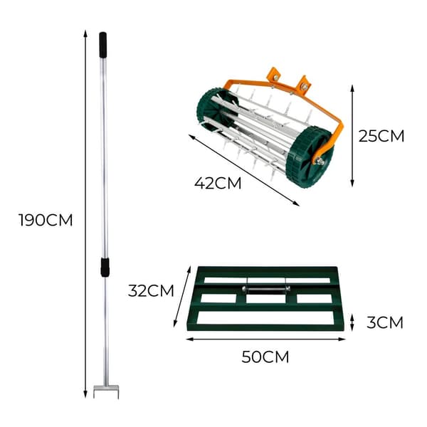 Lawn Leveller & Aerator Manual Grass Roller 3.8cm Spikes 50cm or 100cm x 32cm Levelling Rake Lute Removable Dual Purpose Extendable Handle 1.15 - 1.9m