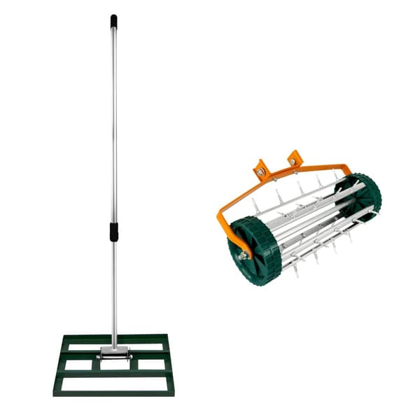 Lawn Leveller & Aerator Manual Grass Roller 3.8cm Spikes 50cm or 100cm x 32cm Levelling Rake Lute Removable Dual Purpose Extendable Handle 1.15 - 1.9m