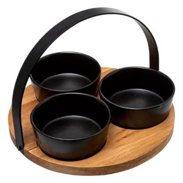 Set Apéritif - GOURMETHEMLIGHET - Vild - 4 Delar - Acaciaträ - 3 Skålar i Svart Stengods
