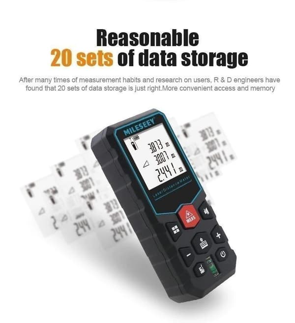 100m handhållen mini laseravståndsmätare med horisontell bubbla, stor smart bakgrundsbelyst skärm, 20 set datalagring, area/volymmätning