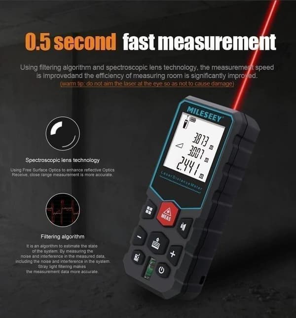 100m handhållen mini laseravståndsmätare med horisontell bubbla, stor smart bakgrundsbelyst skärm, 20 set datalagring, area/volymmätning