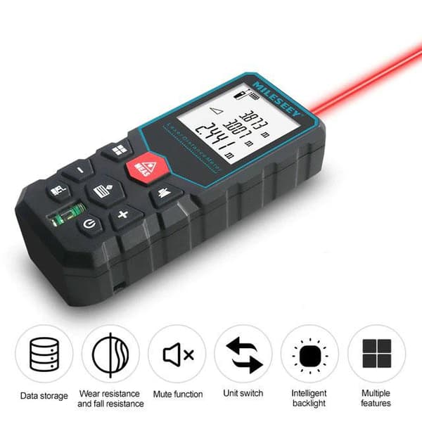 100m handhållen mini laseravståndsmätare med horisontell bubbla, stor smart bakgrundsbelyst skärm, 20 set datalagring, area/volymmätning